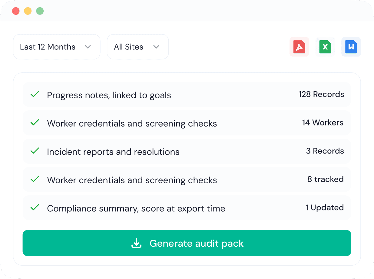 Vorda compiling progress notes, credentials, incidents and a compliance summary into a single audit pack ready to generate